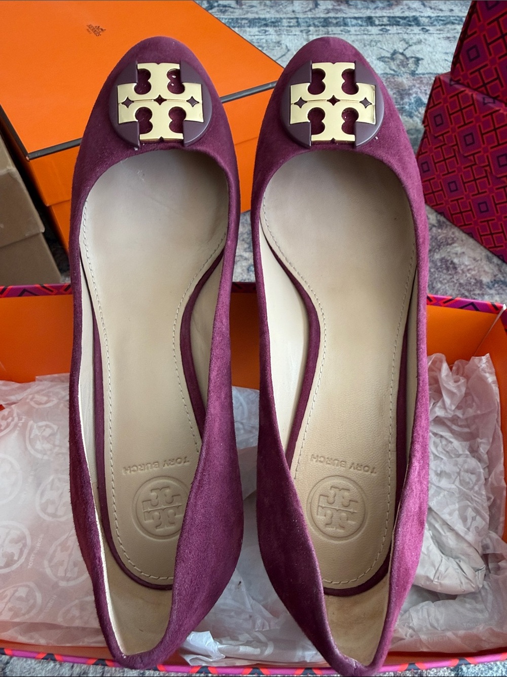 Tory Burch Plum Suede Logo Ballet Flats